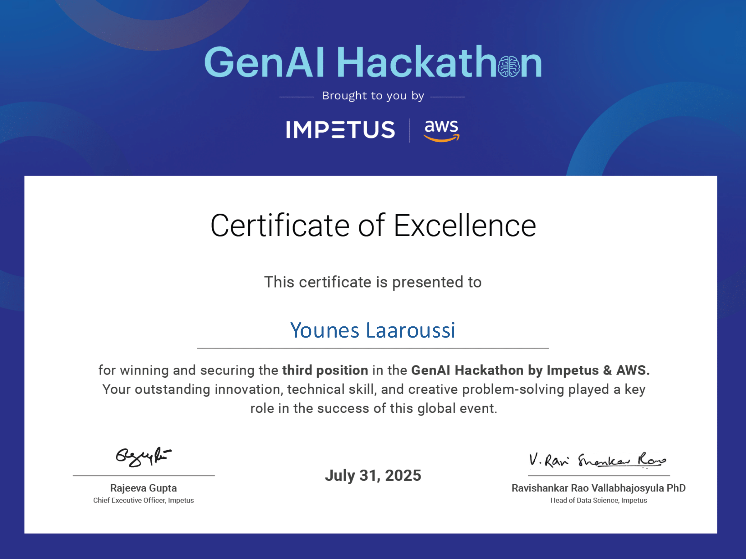 GenAI Hackathon 3rd Place Certificate